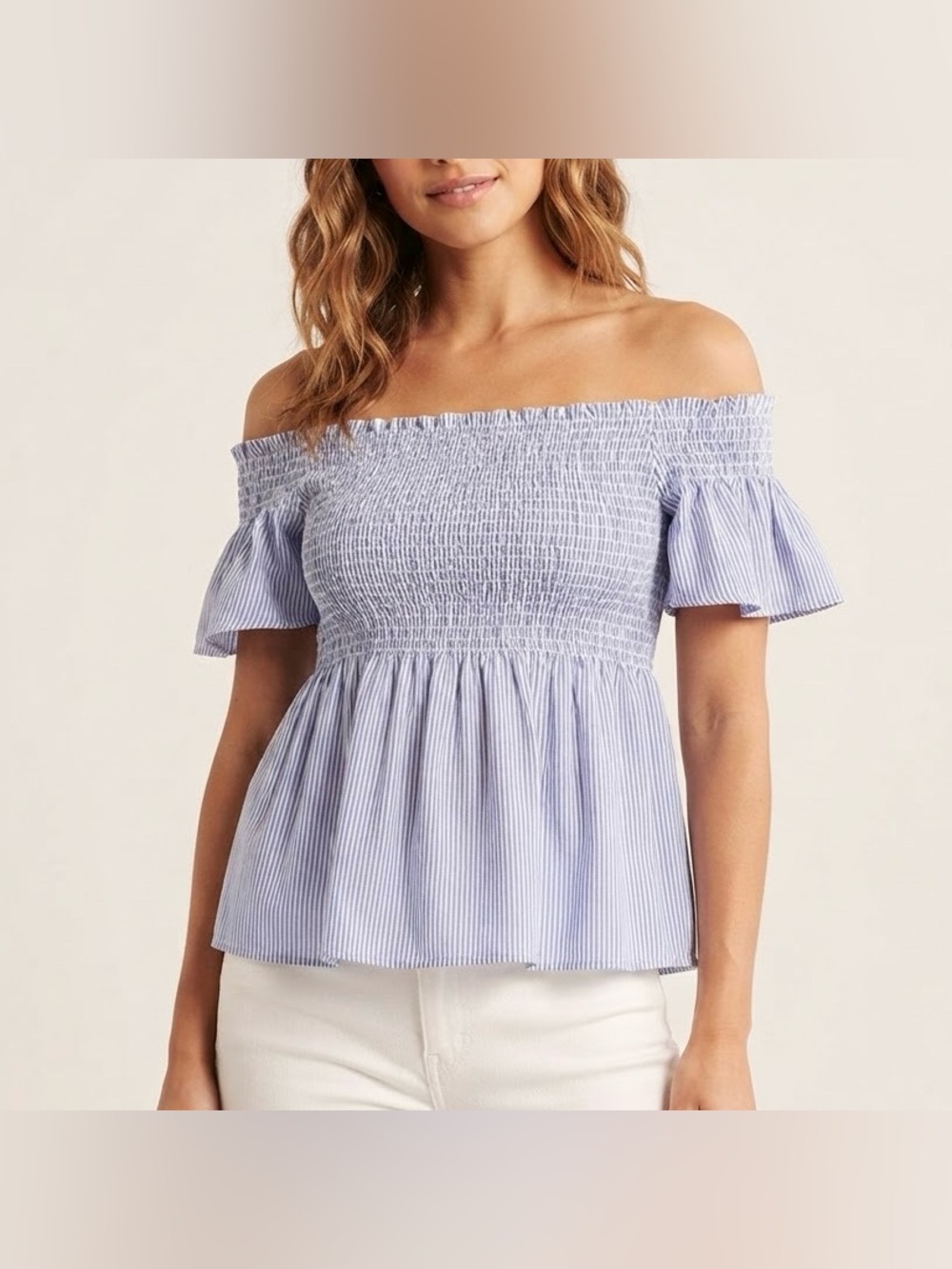 American Eagle Blue White Striped Off Shoulder Shirred Peplum Babydoll Top Large